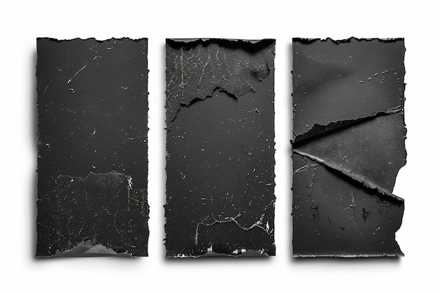 Photo three pieces of black paper that have been torn apart