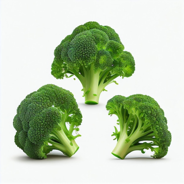 Three pieces of broccoli are shown with the words broccoli on the bottom.