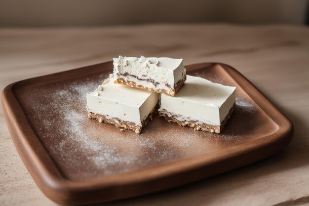 Three pieces of cheesecake on a tray with a few pieces of oatmeal on it.