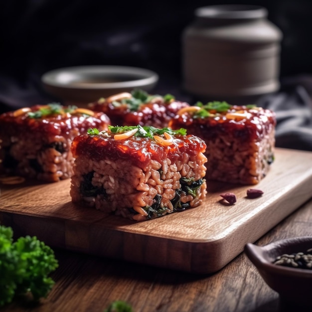 Three pieces of food on a wooden board with a bowl of broccoli in the background.