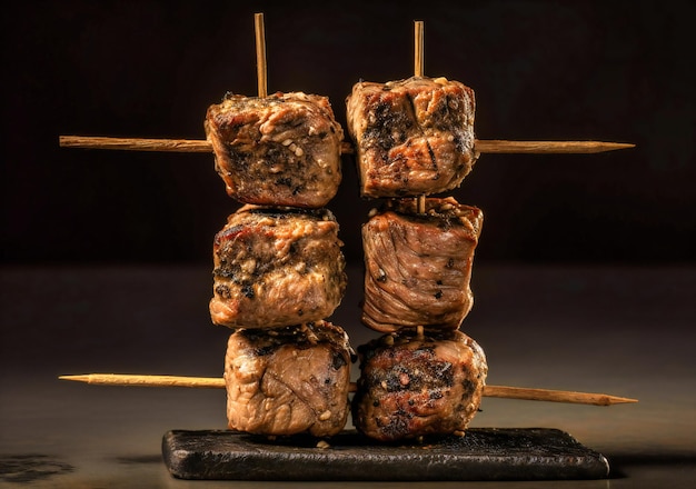 three pieces of meat on top of a skewer