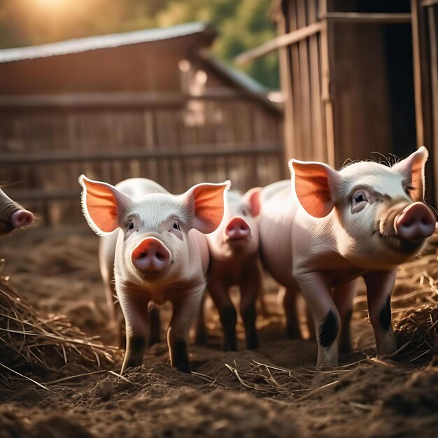 Photo three pigs are standing in a fenced in area one of which has a face on the face