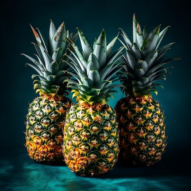 Three pineapples are on a dark background with a blue background.