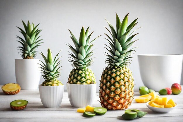 three pineapples are lined up in small white bowls