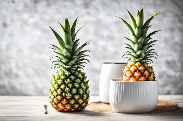 Photo three pineapples are on a table one of which is a pineapple