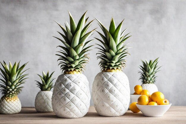 three pineapples are on a table with lemons and lemons