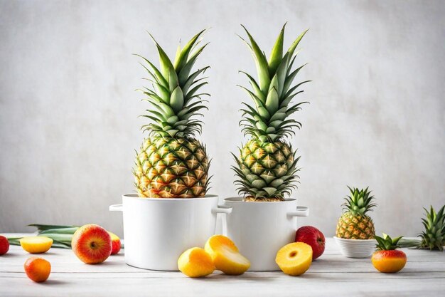 three pineapples are on a white tray with other containers of fruit