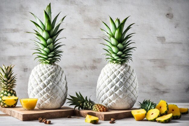 Photo three pineapples are on a wooden board with pineapples and lemons