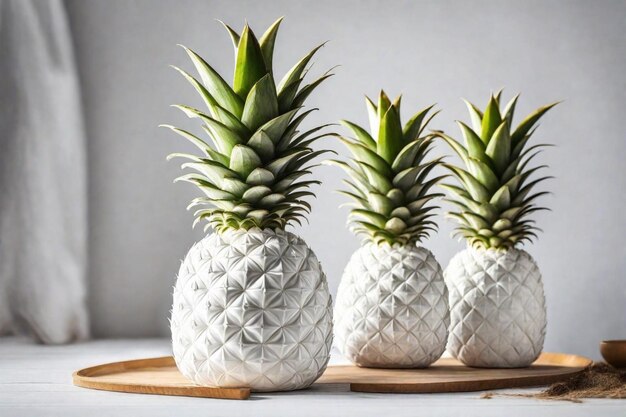 three pineapples are on a wooden tray with one of them has a green top