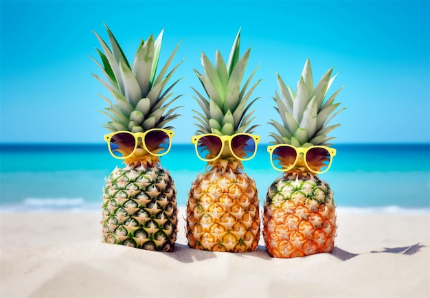 Three pineapples wearing sunglasses on a beach funny summer photo