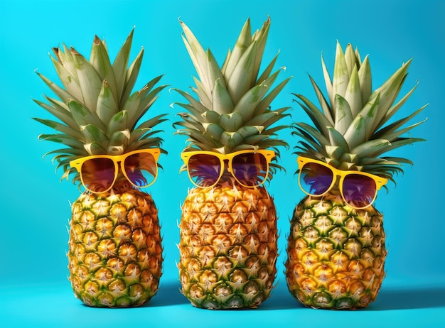 Три ананаса в солнечных очках на синем фоне