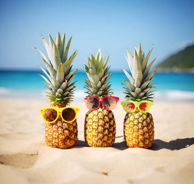 Three pineapples with sunglasses on in front of a beach.