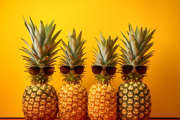 Foto tre ananas con occhiali da sole su un tavolo