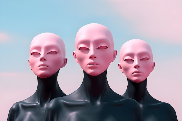 Photo three pink alien heads with one woman and the other three