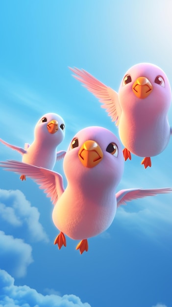 Photo three pink birds flying in the sky with the words 