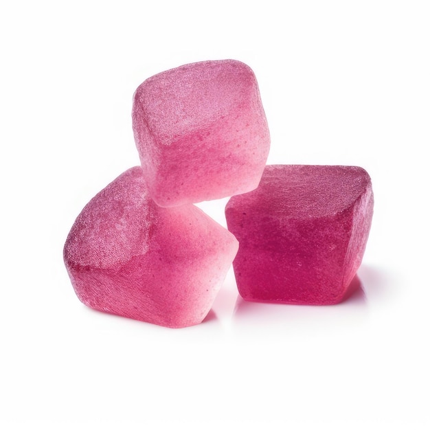 Foto tre cubi di caramelle rosa su uno sfondo bianco.