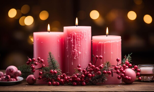 Tre candele rosa di natale con pino e agrifoglio decorate con colori  autunnali