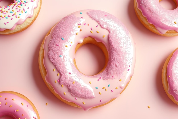 Three pink donuts on a plate with pink frosting.