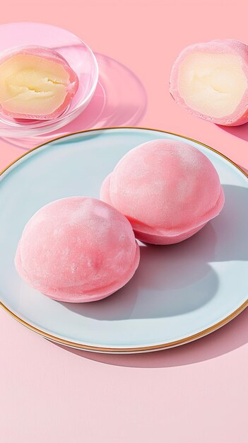 Три розовых пончика на тарелке.