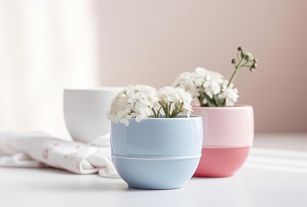 three pink flower pots sitting on two white tables in the style of pastel toned