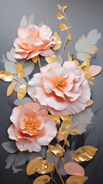 three pink flowers with gold leaves on a black background Gouache Painting of a Gold color flower