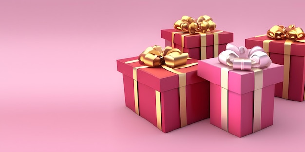 Three pink gift boxes with a gold ribbon on a pink background banner image