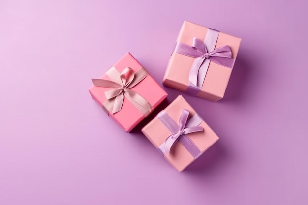 상단에 리본 활이 있는 세 개의 분홍색 선물 상자.