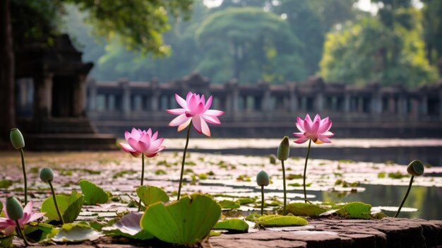 Three Pink Lotuses in a Pond Surrounded by Greenery