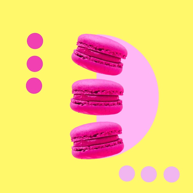 Three pink macaroons cookies float in the air collage art