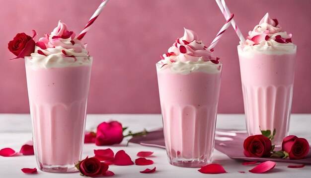 Photo three pink milkshake glasses with flowers in them