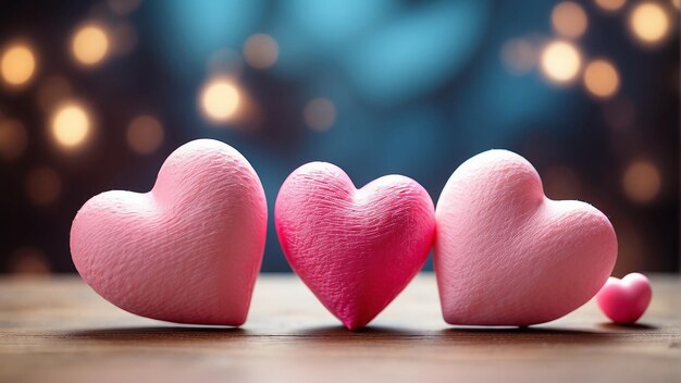 Three pink plush hearts on a wooden table with a blurred background of pink lights