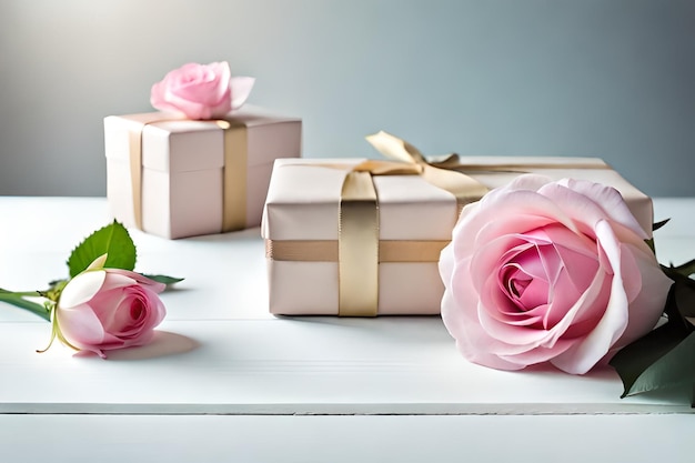Three pink roses are on a table with a ribbon and a box of roses.