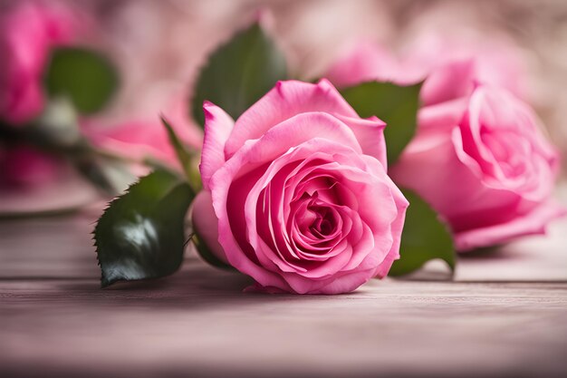 Photo three pink roses cast a magical blur on the background