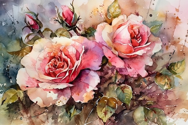 Three pink roses painted in watercolor Generative AI