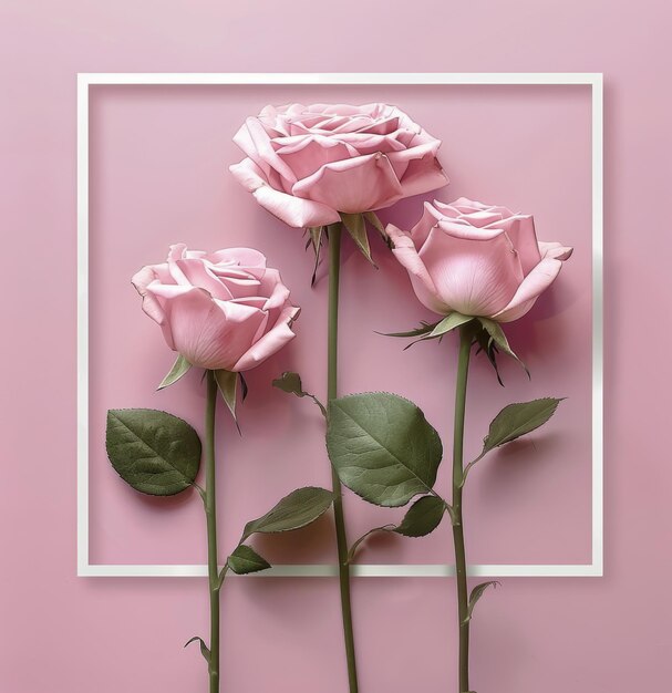 Three Pink Roses in a White Frame on a Pink Background