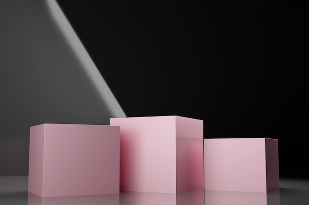 Photo three pink square stands on black background