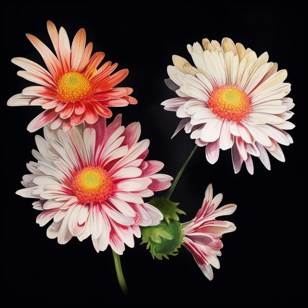 Photo three pink and white flowers are on a black background generative ai