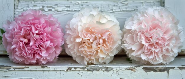 Photo three pink and white flowers on window sill