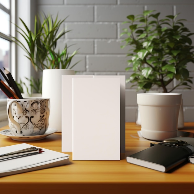 Photo three plain canvas mockup green plants top of a light wooden scandinavian desk