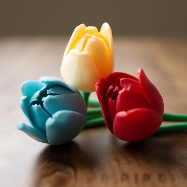 Three plastic tulips are on a table with the word bp on the top