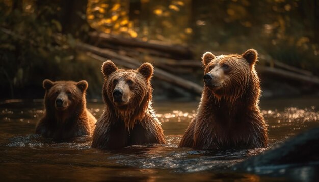 Three playful mammal friends sitting by water generated by AI