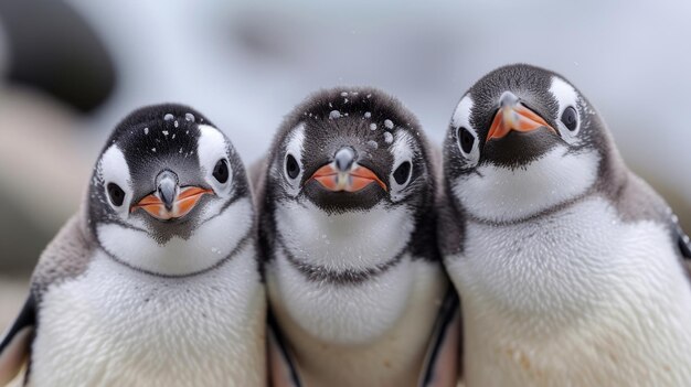 Photo three playful penguins with curious expressions as they gaze into the cameras lens