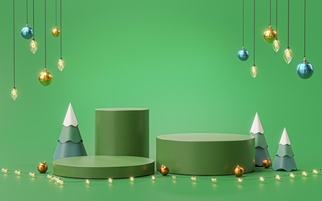 Photo three podium stage show product christmas tree ball ornament lights hanging green 3d render