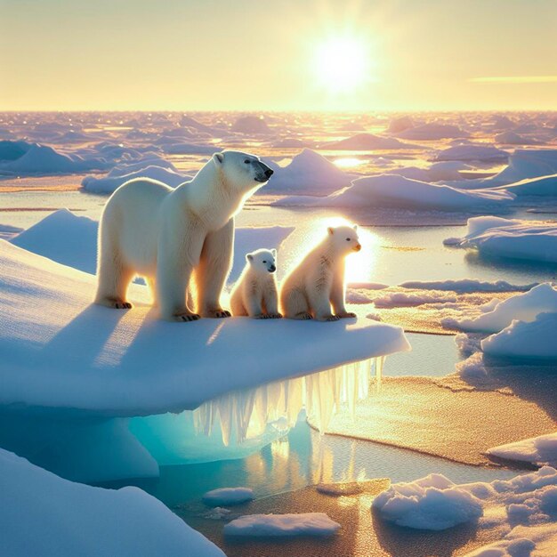 Три белых медведя на льду с солнцем за ними.