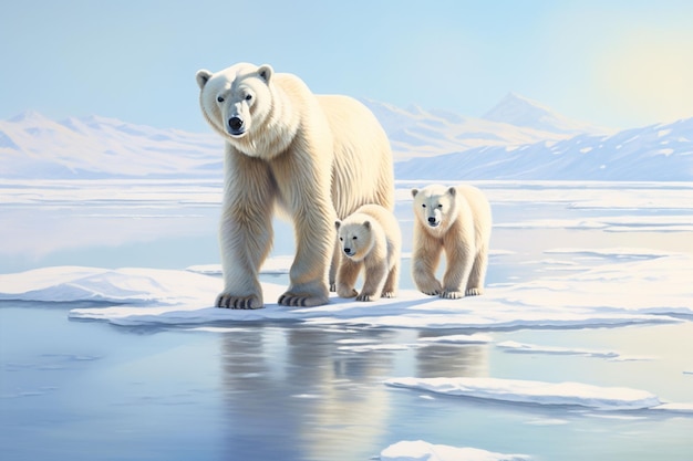Три белых медведя на ледяном массиве к северу от Свальбарда в Арктике, Норвегия
