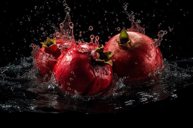 Three pomegranates in water on a black background