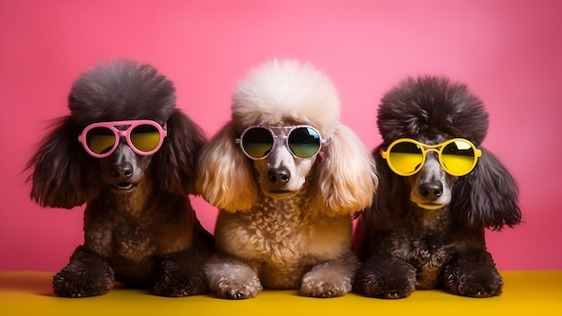 Three poodles with funky sunglasses on pink background neural network generated image