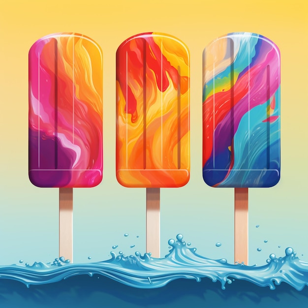three popsicles with different colors of swirled liquid on a stick generative ai
