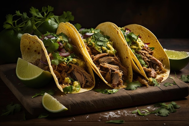 Three pork carnitas street tacos in yellow corn tortilla Illustration AI Generative