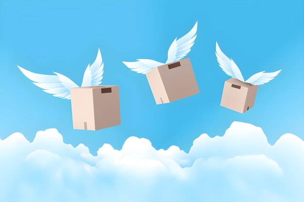 Three postal boxes flying in the sky with wings